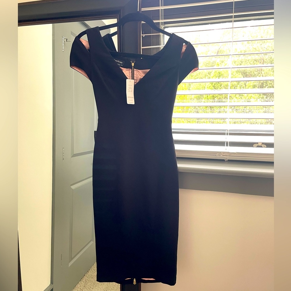 Bebe midi dress, black with pink satin lining, size 00